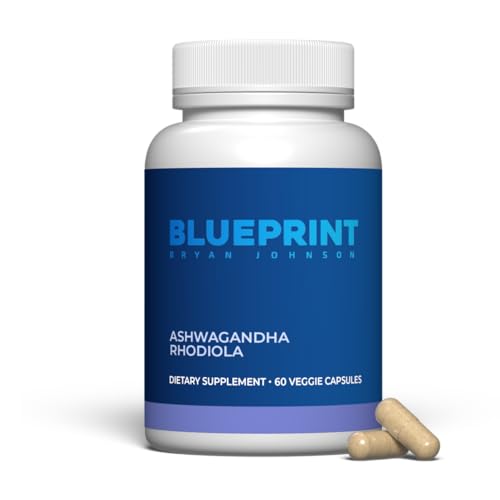 Blueprint Bryan Johnson Ashwagandha & Rhodiola Longevity Adaptogen Supplement - 600mg Ashwagandha, 300mg Rhodiola Rosea Extract (3% Rosavins/1% Salidroside) - Supports Calm, Energy&Cognition – Non-GMO