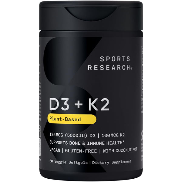 Sports Research® Vegan D3 5000iu with Vitamin K2 100mg - Formulated with Coconut MCT Oil - Vegan Certified, Soy & Gluten Free - 60 Softgels