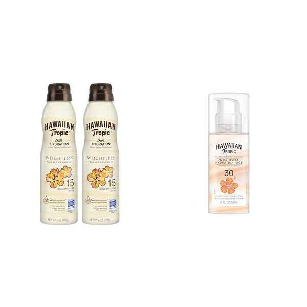 Hawaiian Tropic Weightless Hydration Clear Spray Sunscreen SPF 15 Twin Pack 6oz Each + Face Sunscreen Lotion SPF 30 Travel Size 1.7oz