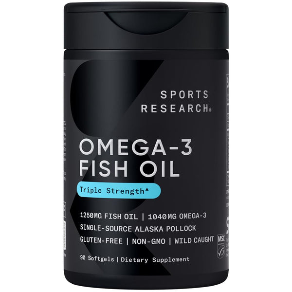 Sports Research Triple Strength Omega 3 Fish Oil - Burpless Fish Oil Supplement w/EPA & DHA Fatty Acids from Single-Source Wild Alaskan Pollock - 1250 mg, 90 ct