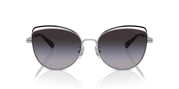 COACH Women's HC7162 Cat Eye Sunglasses, Shiny Silver/Black/Grey Gradient, 57 mm