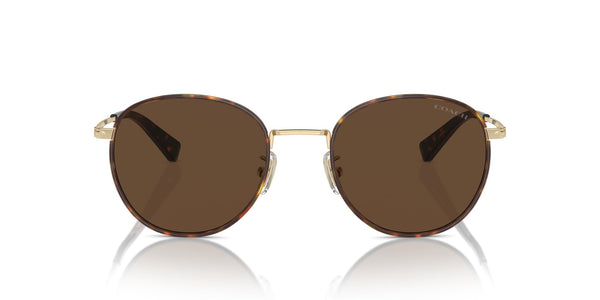 COACH Men's HC7163 Round Sunglasses, Light Gold/Dark Tortoise/Brown Solid, 52 mm