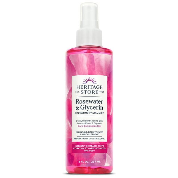 HERITAGE STORE Rosewater & Glycerin Hydrating Facial Mist - Dry Combination Skin Care - Rose Water Spray w/ Vegetable Glycerine, Made Without Dyes or Alcohol, Hypoallergenic, Vegan, Cruelty Free, 8oz
