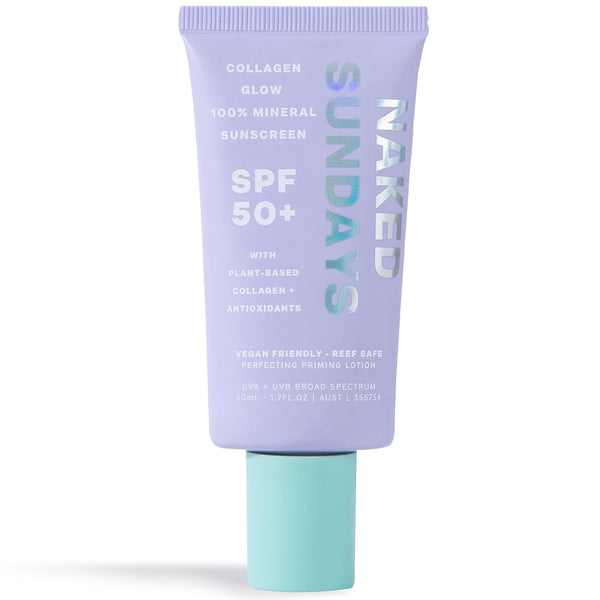 Naked Sundays SPF 50+ Daily Facial Moisturizer, All-in-one 100% Mineral Sunscreen, Face Lotion, Makeup Primer with Vegan Collagen with Broad Spectrum + Zinc Oxide, 50ml
