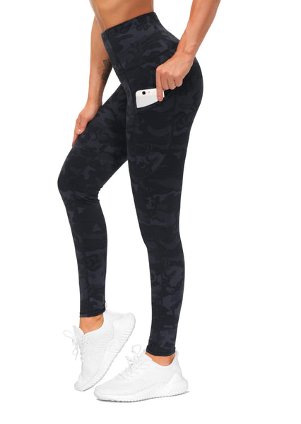 THE GYM PEOPLE Thick High Waist Yoga Pants with Pockets, Tummy Control Workout Running Yoga Leggings for Women (Medium, Black-Grey Camo)