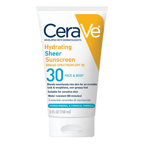 CeraVe Hydrating Sheer Sunscreen SPF 30 for Face and Body, Mineral & Chemical Sunscreen with Zinc Oxide, Hyaluronic Acid, Niacinamides and Ceramides, Paraben Free Fragrance Free, 5 Ounces
