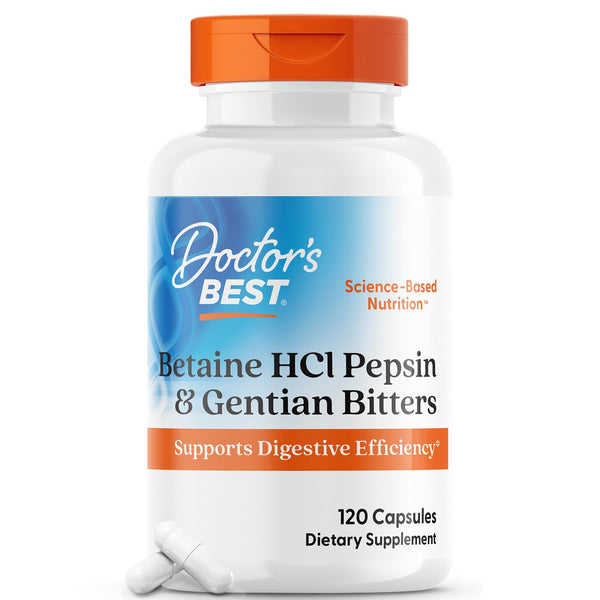 Doctor's Best Betaine HCI Pepsin & Gentian Bitters, Digestive Enzymes for Protein Breakdown & Absorption, Non-GMO, Gluten Free, 120 Caps, Original Version
