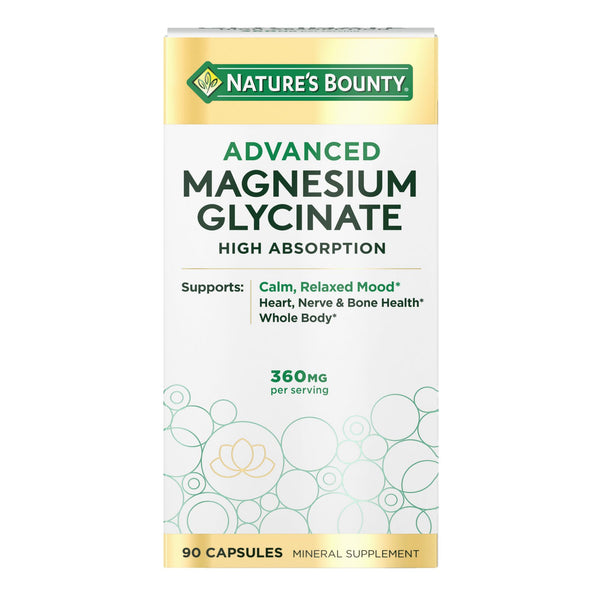 Nature's Bounty Calm Magnesium Glycinate Supplement - High Absorption Magnesium for Relaxed Mood, Heart & Bone Health, 90 Capsules