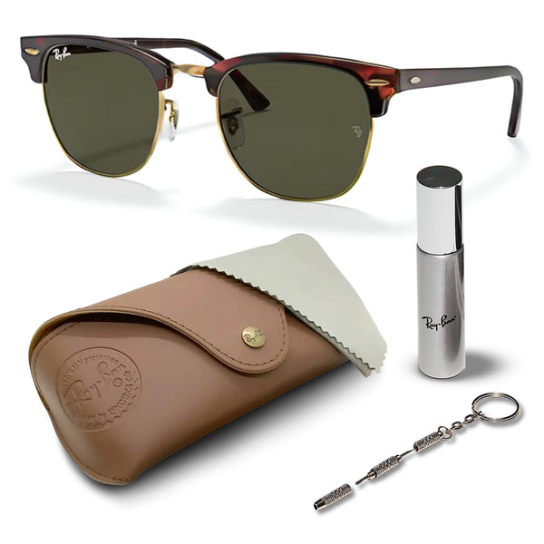 Ray-Ban RB3016 Clubmaster Classic Square Shape Sunglasses With Eyewear Kit Bundle - High Bridge Fit - Ideal Formal and Casual Wear Square Sunglasses