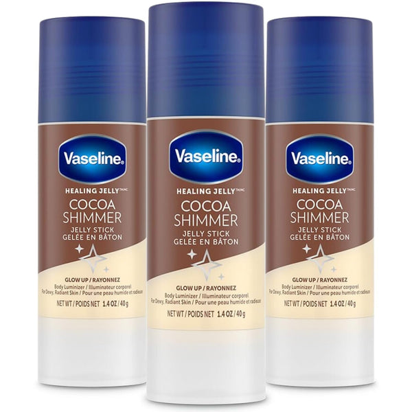 Vaseline Cocoa Shimmer Jelly Stick 3-Pack – Non-Greasy Moisturizer for Glowing Skin, Face & Body Lotion, Travel-Size, 1.4 Oz Ea