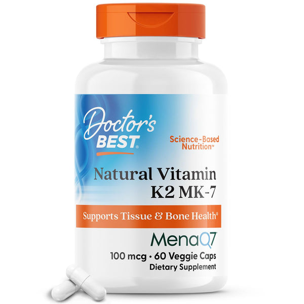 Doctor's Best Natural Vitamin K2 Mk-7 with MenaQ7, 100mcg Vitamin K2 Supplement Supports Bone Health, Non-GMO, 60 Veggie Capsules