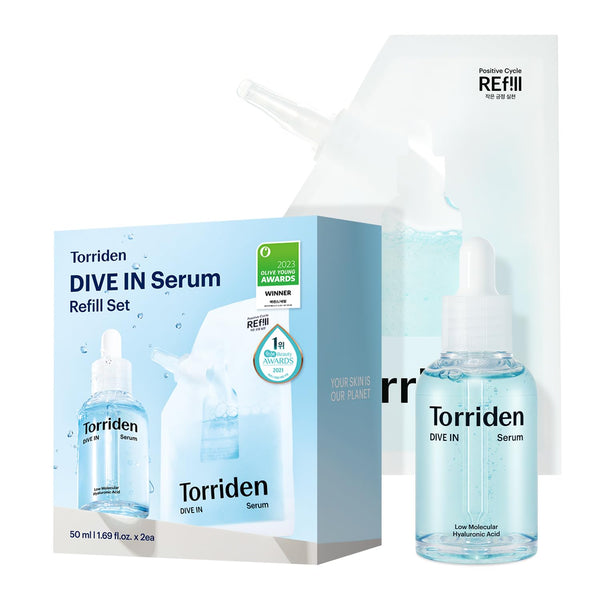 Torriden DIVE IN Serum 1.69 fl oz + refill pouch 1.69 fl oz | Deep Hydration to Get Glow Skin | Hyaluronic Acid, Panthenol, Allantoin | Korean Facial Serum