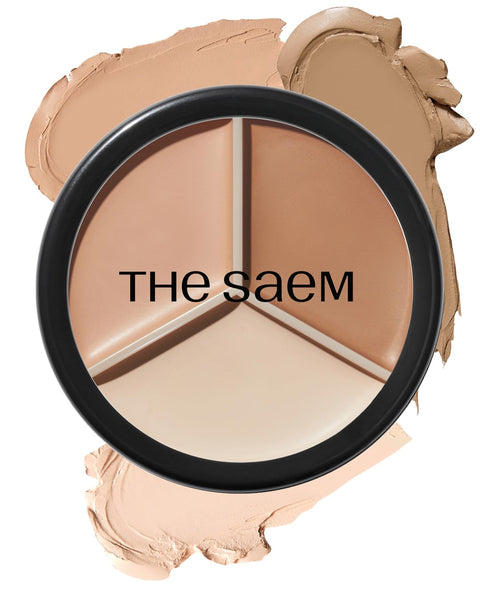 THE SAEM Cover Perfection Triple Pot Concealer – 3 Color Concealer with Full Coverage Natural Beige Shade Covers Blemishes Spots, Highlighter & Contouring, 02 Contour Beige