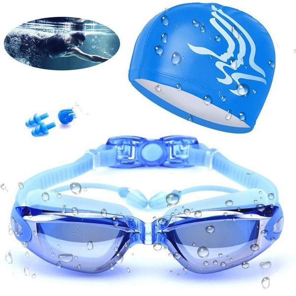 Aokelily Swim Goggles and Cap Set 4 in 1, UV 400 Protection Lenses Clear Anti-Fog Swimming Goggles Waterproof No Leaking with Nose Clip + Ear Plugs for Adult Men Women Kids (Blue)