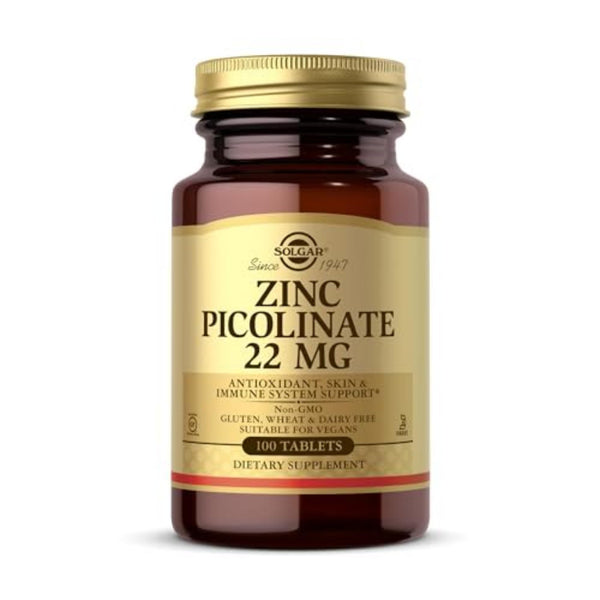 Solgar Zinc Picolinate 22 mg, 100 Tablets - Promotes Healthy Skin - Supports Immune System, Normal Taste & Vision - Antioxidant - Non GMO, Vegan, Gluten Free, Dairy Free, Kosher - 100 Servings