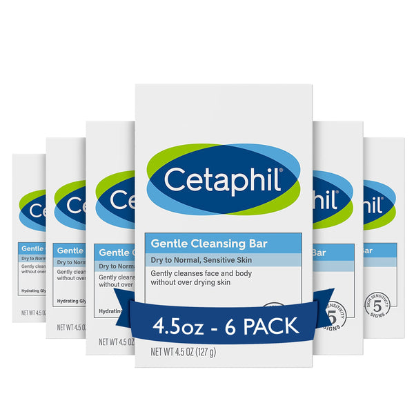 Cetaphil Gentle Cleansing Bar, 4.5 oz Bar (Pack of 6), Nourishing Cleansing Bar For Dry, Sensitive Skin, Non-Comedogenic, (Packaging May Vary)
