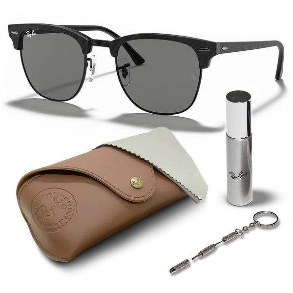 Ray-Ban RB3016 Clubmaster Classic Marble Square Shape Sunglasses With Eyewear Kit Bundle - High Bridge Fit - Ideal Formal and Casual Wear Square Sunglasses