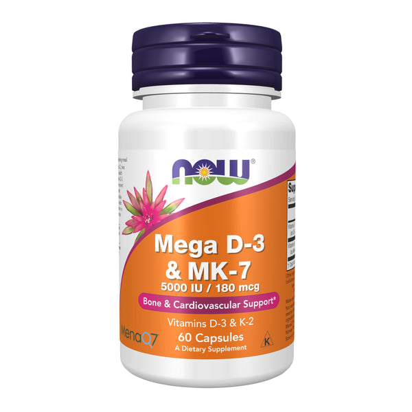 Now Foods Mega D-3 & MK-7 with Vitamins D-3 & K-2, 5,000 IU/180 mcg, Bone & Cardiovascular Support*, 60 Veg Capsules