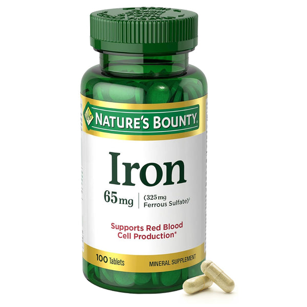 Nature's Bounty Iron 65mg, 325 mg Ferrous Sulfate, Cellular Energy Support, Promotes Normal Red Blood Cell Production, 100 Tablets
