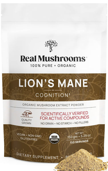 Real Mushrooms Lions Mane Powder - Organic Mushroom Extract for Cognitive Function Immune Support Brain Supplements Memory and Focus Vegan Supplement, 150 Servings