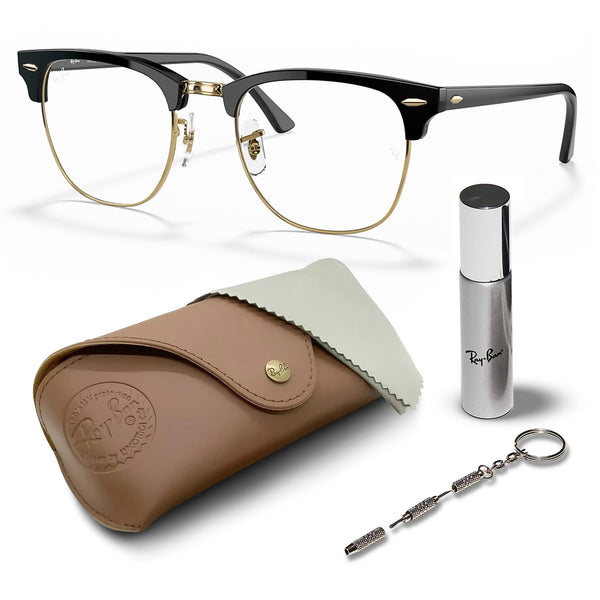 Ray-Ban RB3016 CLUBMASTER Blue-light Clear Square Shape Sunglasses With Eyewear Kit Bundle - Adjustable Nose Pads - Ideal Formal and Casual Wear Square Sunglasses