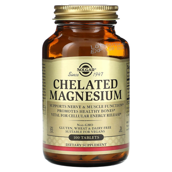 Solgar Chelated Magnesium - 100 Tablets - Supports Nerve & Muscle Function - Non-GMO, Vegan, Gluten Free, Dairy Free, Kosher - 25 Servings