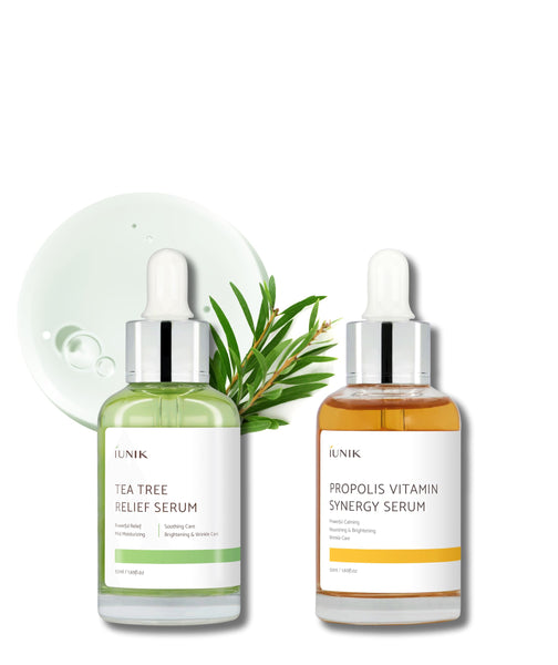 iUNIK Propolis Vitamin Synergy Serum & Tea Tree Relief Serum - Enhances Skin Clarity Reduces Redness Irritation Gentle Soothing Nourishing Moisturizing Face Ampoule Essence Korean Skincare