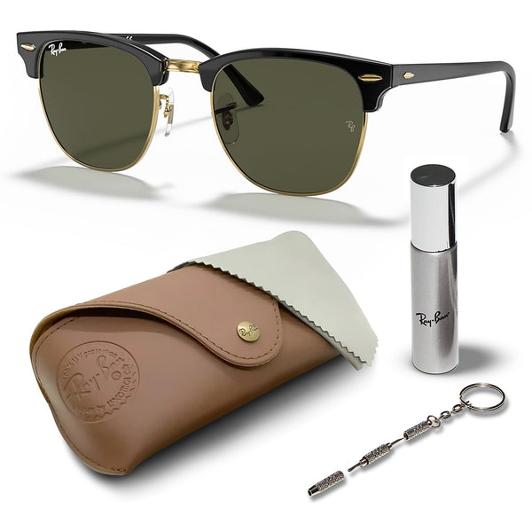 Ray-Ban RB3016 Clubmaster Classic Square Shape Sunglasses With Eyewear Kit Bundle - High Bridge Fit - Ideal Formal and Casual Wear Square Sunglasses