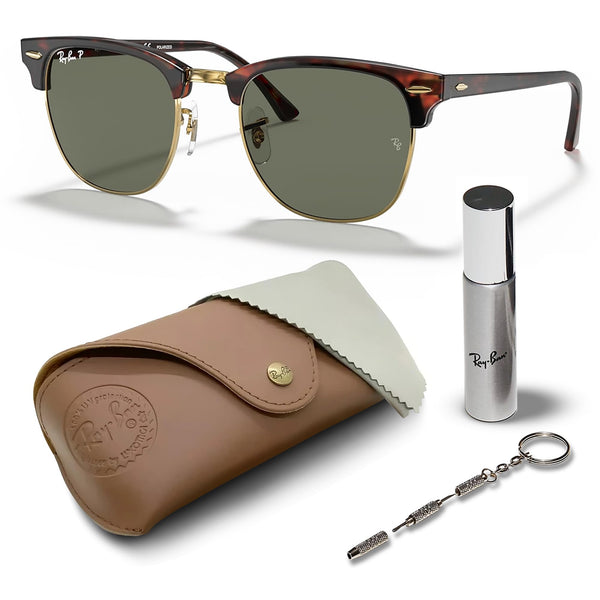 Ray-Ban RB3016 Clubmaster Polarized Classic Square Shape Sunglasses With Eyewear Kit Bundle - High Bridge Fit - Ideal Formal and Casual Wear Square Sunglasses
