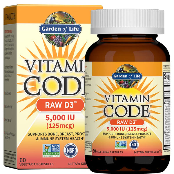 Garden of Life Vitamin D, Vitamin Code Raw D3, Vitamin D 5,000 IU, Raw Whole Food Supplements with Chlorella, Fruit, Veggies & Probiotics for Bone & Immune Health, 60 Vegetarian Capsules