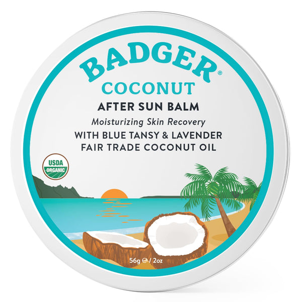 Badger Coconut After Sun with Organic Cocoa Butter & Shea Butter, Rescue Balm, Soothing & Cooling Balm for Tight Dry Skin After Sun Exposure, 2 oz