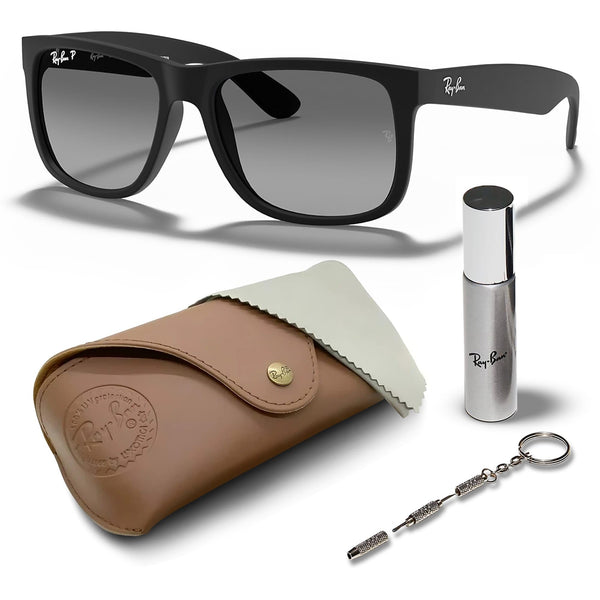 Ray-Ban RB4165 JUSTIN Polarized Square Shape Sunglasses With Eyewear Kit Bundle - Low Bridge Fit - Ideal Formal and Casual Wear Square Sunglasses