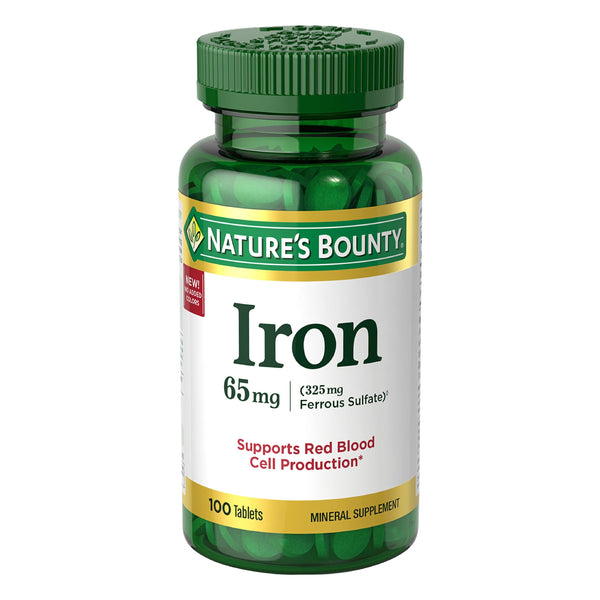 Nature'S Bounty Iron 65Mg, 325 Mg Ferrous Sulfate, Cellular Energy Support, Promotes Normal Red Blood Cell Production, 100 Tablets