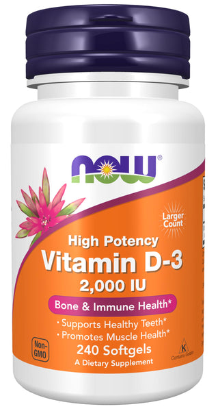 NOW Foods Supplements, Vitamin D-3 2,000 IU, High Potency, Structural Support*, 240 Softgels