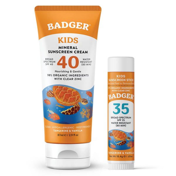 Badger Kids Mineral Sunscreen Combo, SPF 40 Cream + SPF 35 Kids Face Stick, Organic Sunscreens w/Mineral Zinc Oxide, Water Resistant, Reef Safe Broad Spectrum, Tangerine & Vanilla Scent, 2-Pack