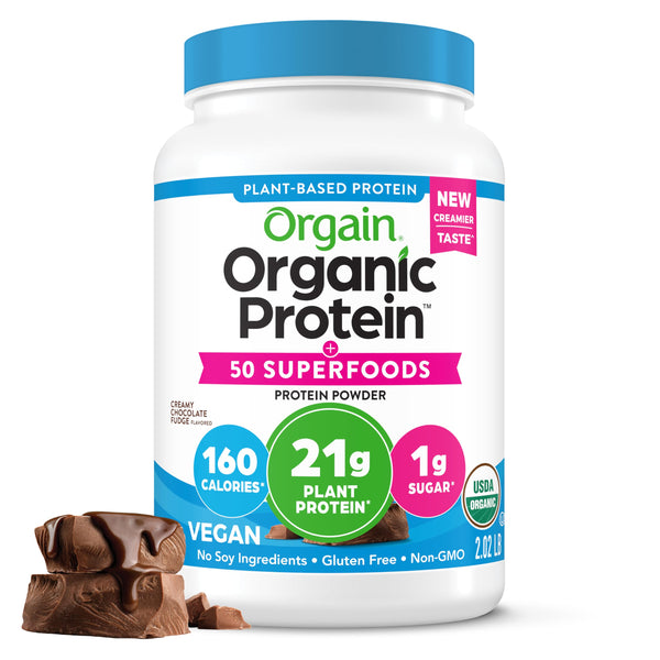 Orgain Organic Vegan Protein + 50 Superfoods Powder, Creamy Chocolate Fudge - 21g Plant Based Protein, 9g Prebiotic Fiber, No Lactose, Gluten Free, No Added Sugar, 2.02 lb (Packaging May Vary)