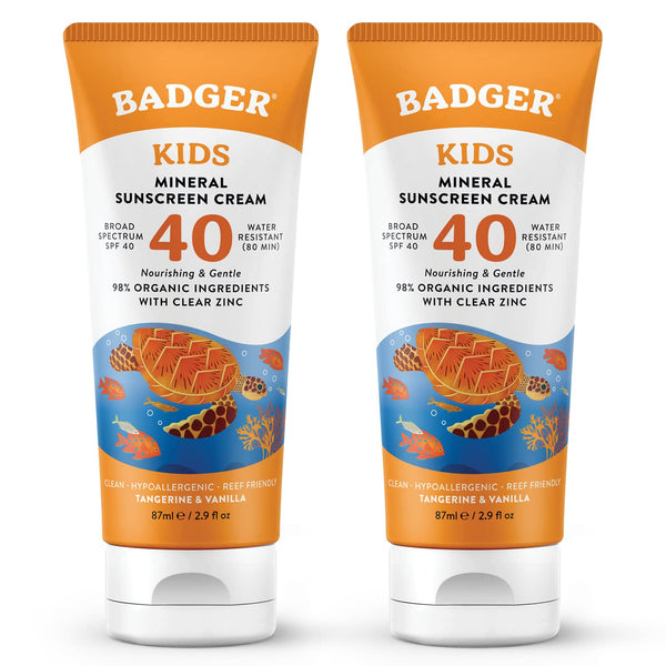 Badger Kids Mineral Sunscreen Cream SPF 40, 98% Organic Ingredients, Zinc Oxide Sunscreen for Kids Face & Body, Water Resistant, Reef Friendly, Hawaii Approved Sunblock, 2.9 fl oz, 2-Pack