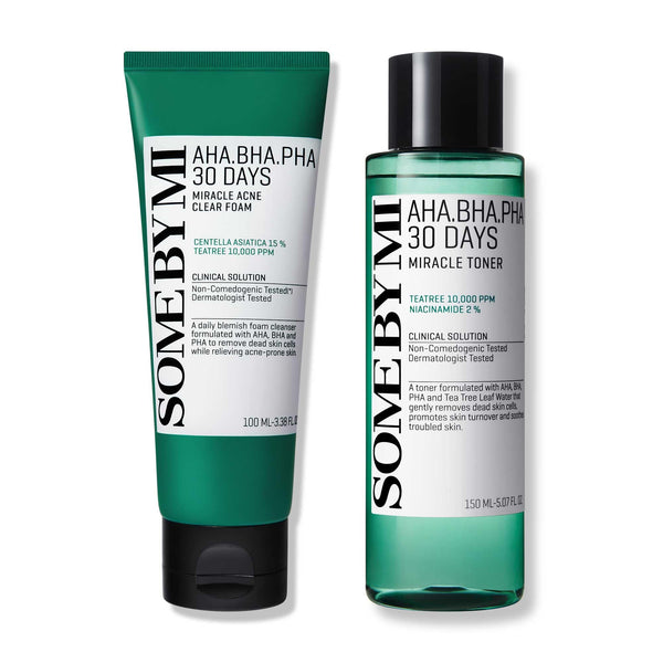 SOME BY MI AHA BHA PHA 30 Days Miracle Acne Clear Foam + Toner - 3.38Oz+5.07Oz - Made from Tea Tree Leaf for Sensitive Skin - Daily Face Wash and Toner for Sebum and Dead Cells - Korean Skin Care