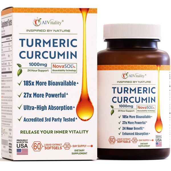 A1Vitality Turmeric Curcumin NovaSOL 1000mg - Nature's Joint Support Supplements - 185x Bioavailable Than Standard Curcumin - Natural Softgels