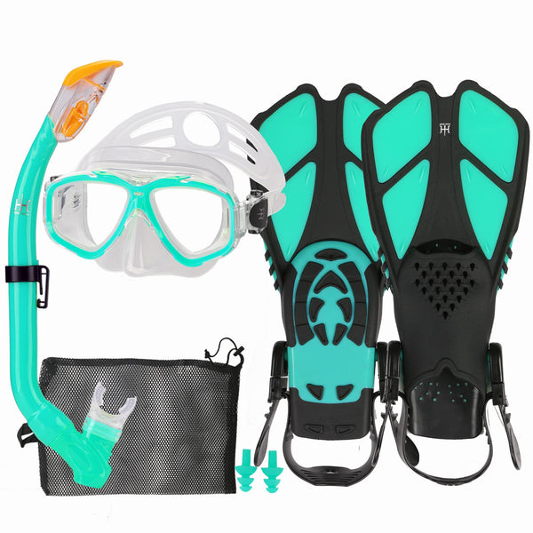 Kids Snorkeling Set with Fins Anti Leak Snorkeling Gear for Kids with Adjustable Flippers, Youth Junior Full Dry Snorkel Set Swimming Goggles with Nose Cover Diving Mask Scuba with Bag, 5-14 Yrs