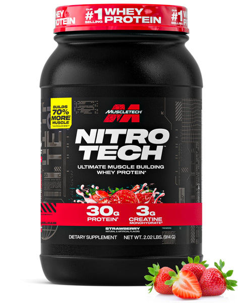 Muscletech Whey Protein Powder (Strawberry, 2.2 Pound) - Nitro-Tech Ultimate Muscle Building Formula with Whey Protein Isolate & Peptides - 30g of Protein, 3g of Creatine & 6.8g of BCAA