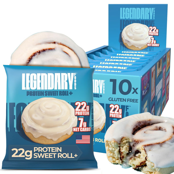 Legendary Foods 22g Protein Cinnamon Roll - Premium High Protien Bars, Low Carb Meal Replacement Snack, Low Glycemic Index, Gluten Free Snacks - Sweet Zero Sugar, Keto and Diabetic Friendly 10-Pack