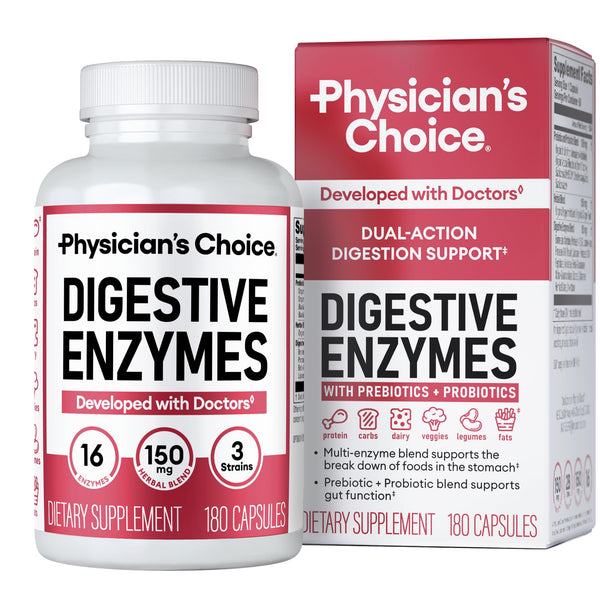 Physician's CHOICE Digestive Enzymes - Multi Enzymes, Organic Prebiotics & Probiotics for Digestive Health & Gut Health - Meal Time Discomfort Relief & Bloating - Dual Action Approach - 180 CT