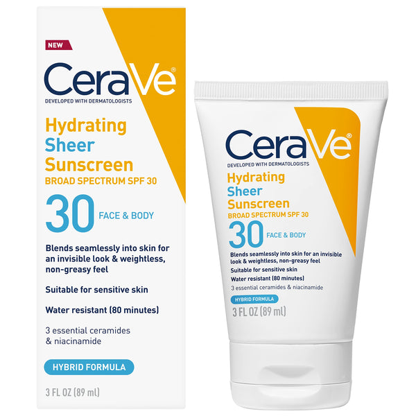 CeraVe Hydrating Sheer Sunscreen SPF 30 for Face and Body, Mineral & Chemical Sunscreen with Zinc Oxide, Hyaluronic Acid, Niacinamides and Ceramides, Paraben Free Fragrance Free, 3 Ounces