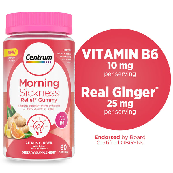 Centrum Morning Sickness Relief Gummies, Citrus Ginger Flavor - 60 Count, Up to 60 Day Supply