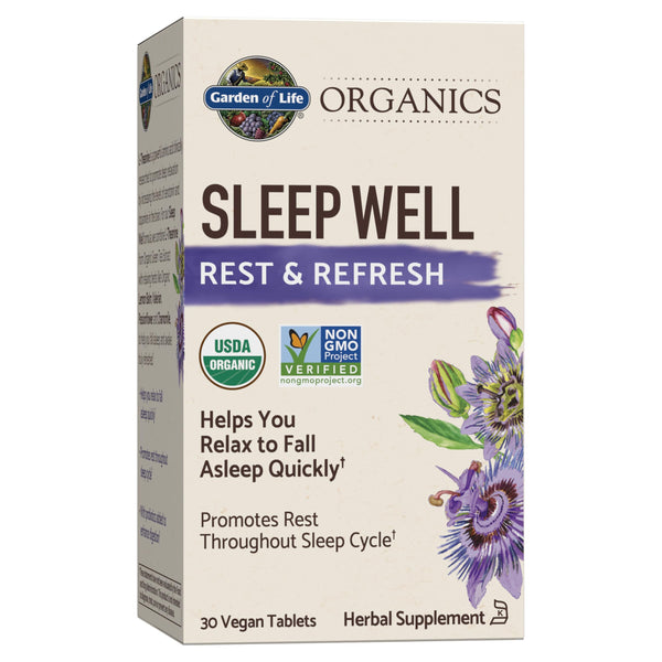 Garden of Life Organics Sleep Well Rest & Refresh 30 Tablets, Lemon Balm, Green Tea Extract L-Theanine, Valerian Root, Chamomile, Probiotics-Organic Non-GMO Vegan Gluten Free Herbal Supplement