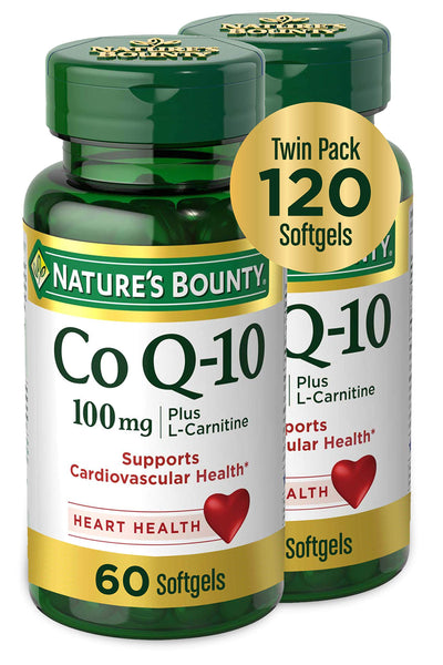 CoQ10 by Nature's Bounty, Dietary Supplement, Supports Heart Health, 100mg Plus L-Carnitine, Twin Pack, 120 Softgels