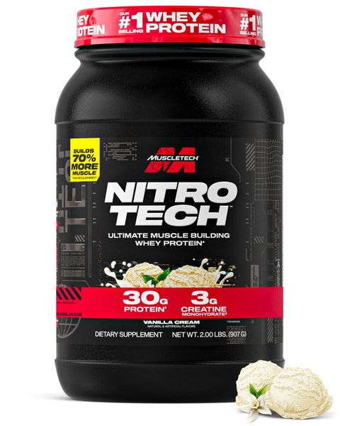 Muscletech Whey Protein Powder (Vanilla Cream, 2.2 Pound) - Nitro-Tech Ultimate Muscle Building Formula with Whey Protein Isolate & Peptides - 30g of Protein, 3g of Creatine & 6.8g of BCAA