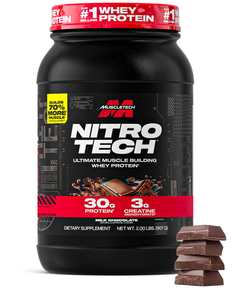Muscletech Whey Protein Powder (Milk Chocolate, 2 Pound) - Nitro-Tech Ultimate Muscle Building Formula with Whey Protein Isolate & Peptides - 30g of Protein, 3g of Creatine & 6.8g of BCAA