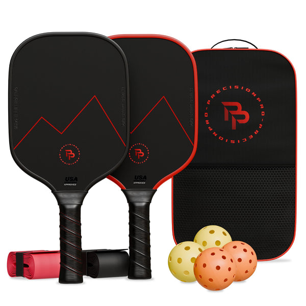 Precision Pro Premium Carbon Fiber Pickleball Paddle- 14mm Pickleball Paddles Set of 2 w/Unique Design Handles & Indoor Outdoor Pickleball Balls - Comfortable Pickleball Paddle Grip, USA Approved